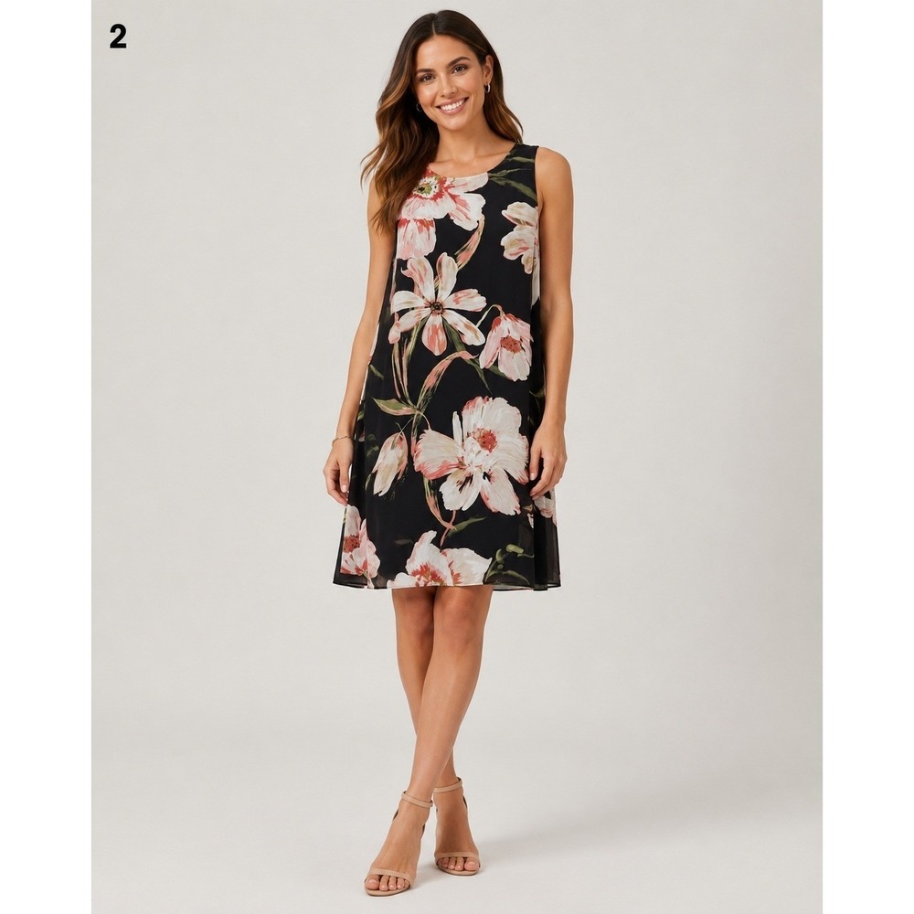 Karen Kane Floral Dress Sleeveless Lined Black Womens Small Sheer Overlay NEW